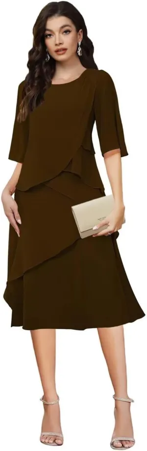 TIANMEI Chiffon Mother of The Bride Dresses for Wedding Tea Length Ruffle Formal Wedding Guest Dress with Sleeves