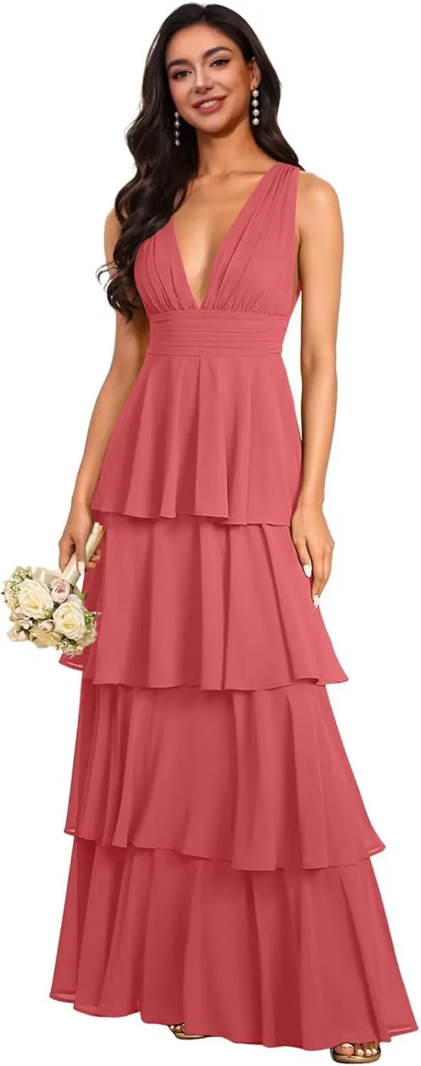 Tiered Chiffon Bridesmaid Dresses 2025 for Women Ruffles Formal Evening Dresses Long with Pleated TN310