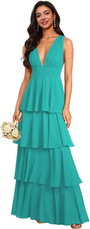 Tiered Chiffon Bridesmaid Dresses 2025 for Women Ruffles Formal Evening Dresses Long with Pleated TN310