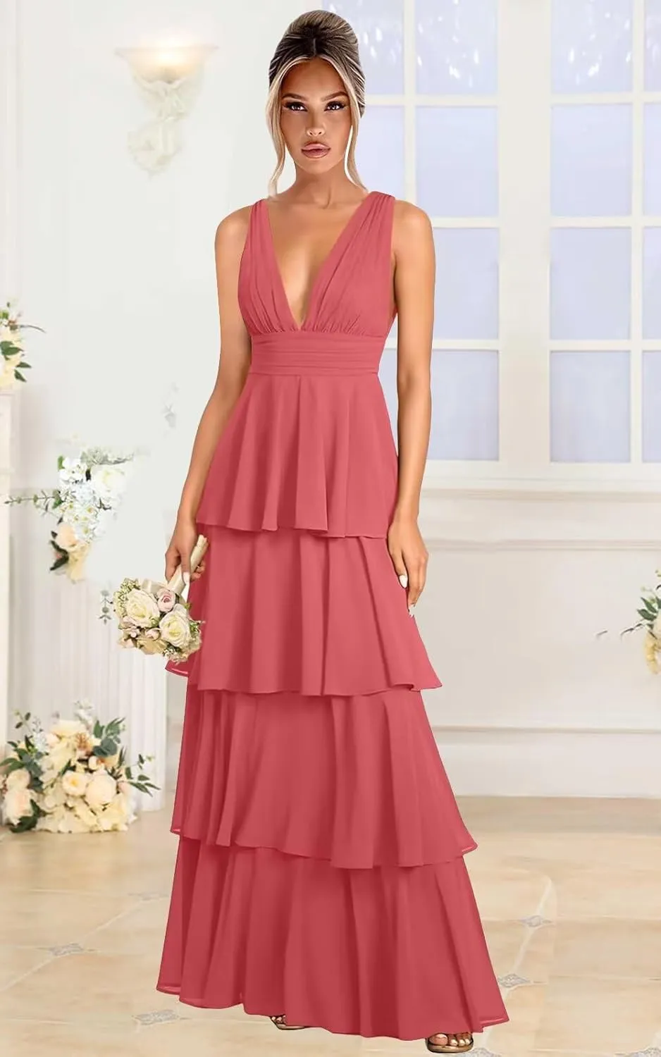 Tiered Ruffle Chiffon Bridesmaid Dresses for Women 2025 A Line V Neck Formal Evening Party Dress Long