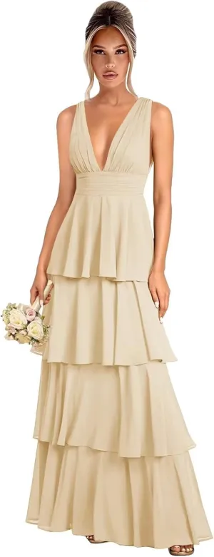 Tiered Ruffle Chiffon Bridesmaid Dresses for Women 2025 A Line V Neck Formal Evening Party Dress Long