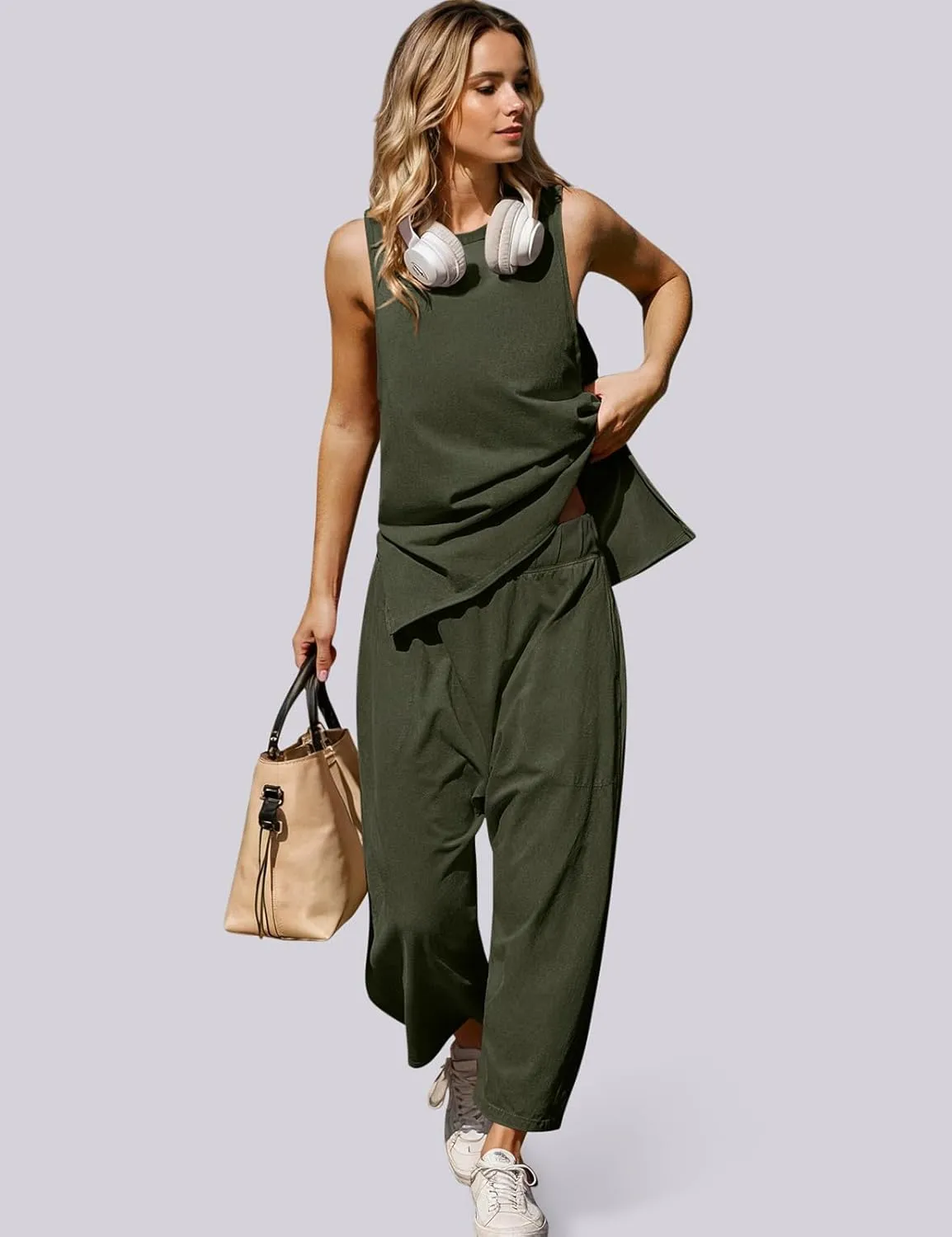 UEU Women's Summer 2 Piece Outfits Casual Sleeveless Crew Neck Tank Top Cropped Harem Pants Matching Travel Beach Lounge Sets