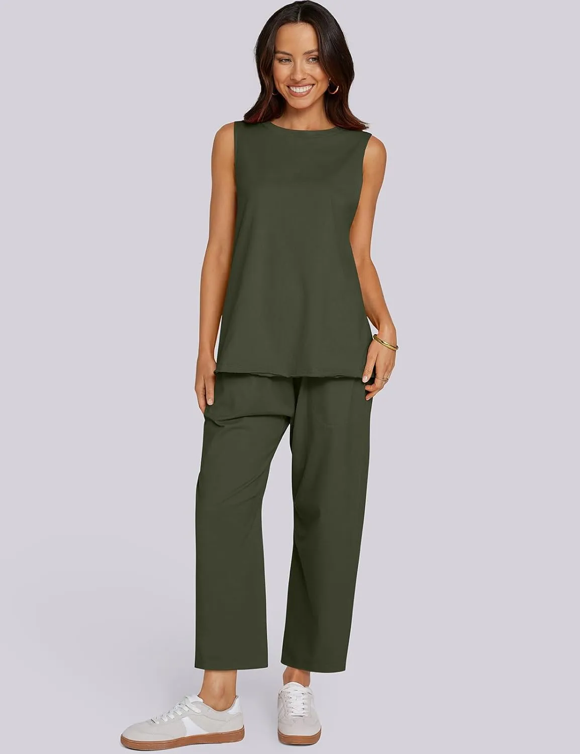 UEU Women's Summer 2 Piece Outfits Casual Sleeveless Crew Neck Tank Top Cropped Harem Pants Matching Travel Beach Lounge Sets