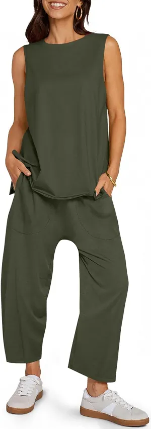 UEU Women's Summer 2 Piece Outfits Casual Sleeveless Crew Neck Tank Top Cropped Harem Pants Matching Travel Beach Lounge Sets