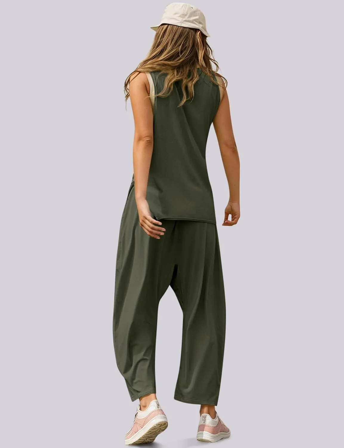 UEU Women's Summer 2 Piece Outfits Casual Sleeveless Crew Neck Tank Top Cropped Harem Pants Matching Travel Beach Lounge Sets