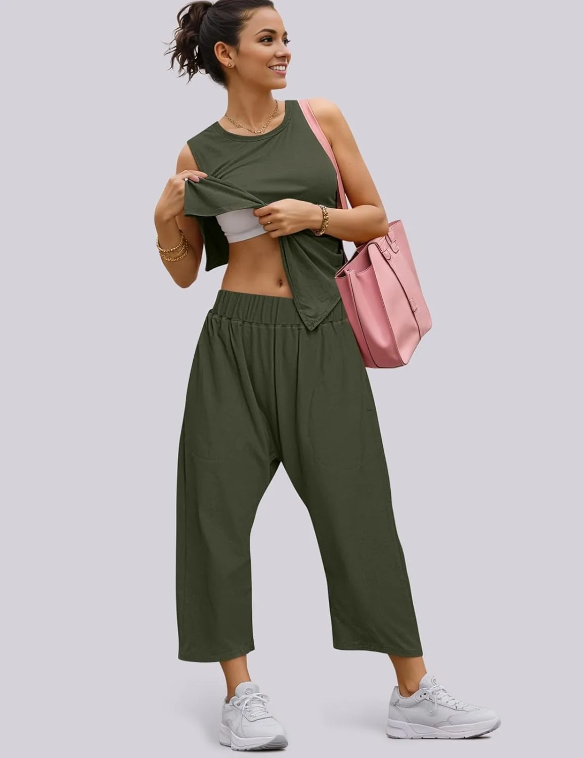 UEU Women's Summer 2 Piece Outfits Casual Sleeveless Crew Neck Tank Top Cropped Harem Pants Matching Travel Beach Lounge Sets