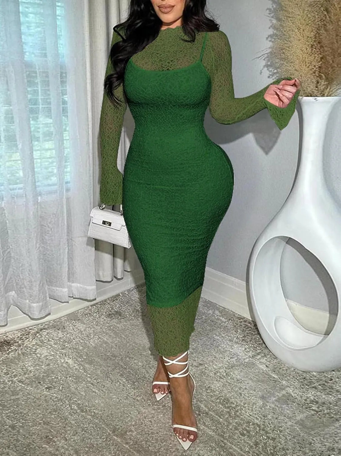 Uni Clau Womens Sexy Lace Dresses Long Sleeve See Through Bodycon Midi Dress 2 Piece Dress Set Birthday Date Night Outfit