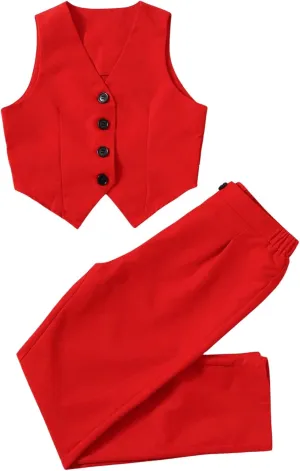 WDIRARA Girl's Two Piece Outfits Button Down Vest Blazer Pants Set Clothing Sets