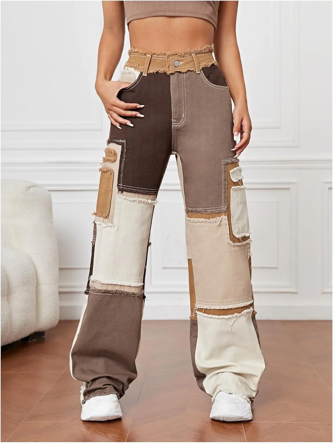 WDIRARA Women's Cow Print High Waist Wide Leg Jeans Casual Long Denim Pants