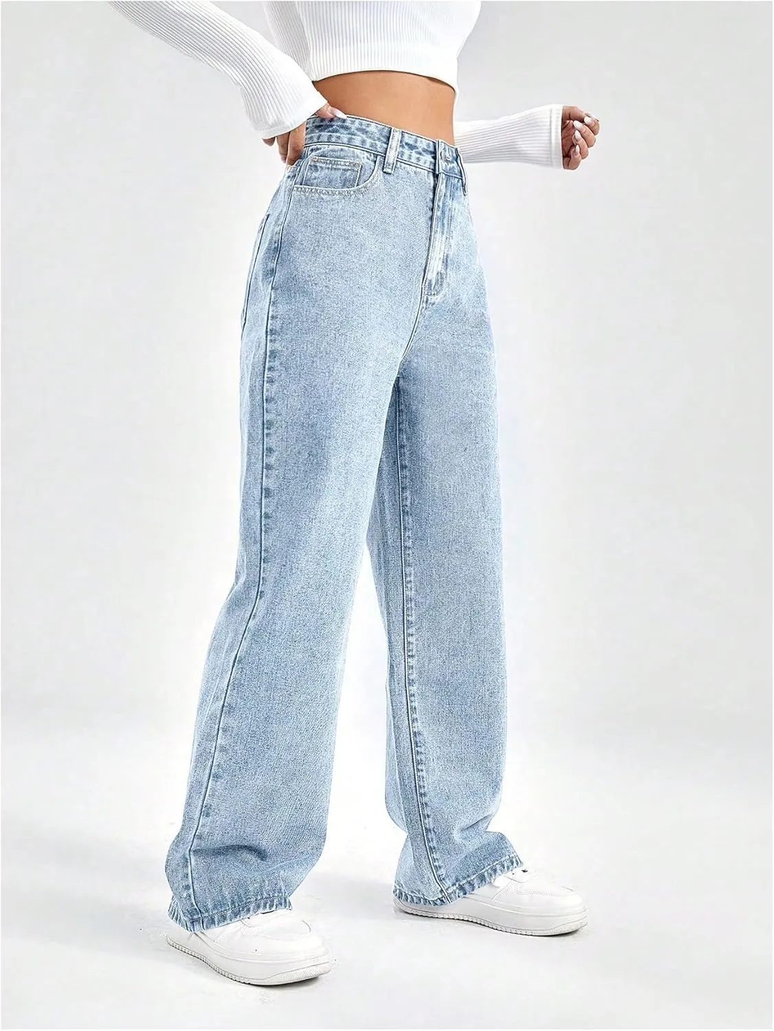WDIRARA Women's High Waisted Ripped Straight Leg Jeans Cut Out Button Denim Pants