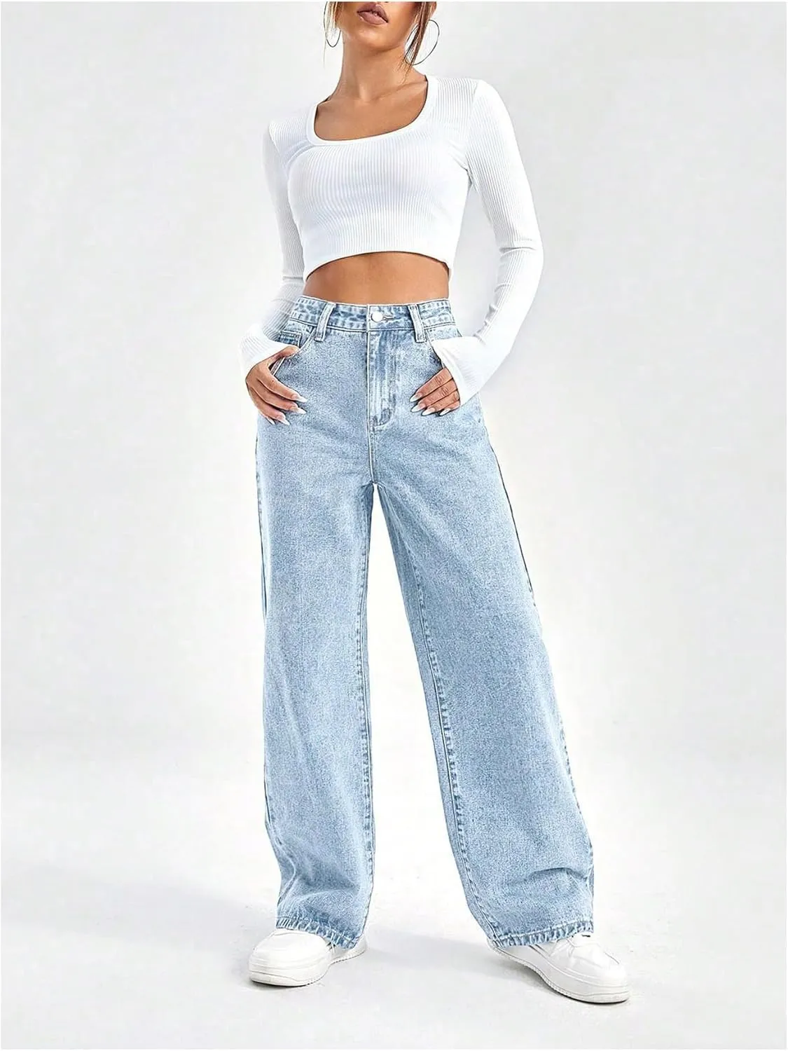 WDIRARA Women's High Waisted Ripped Straight Leg Jeans Cut Out Button Denim Pants