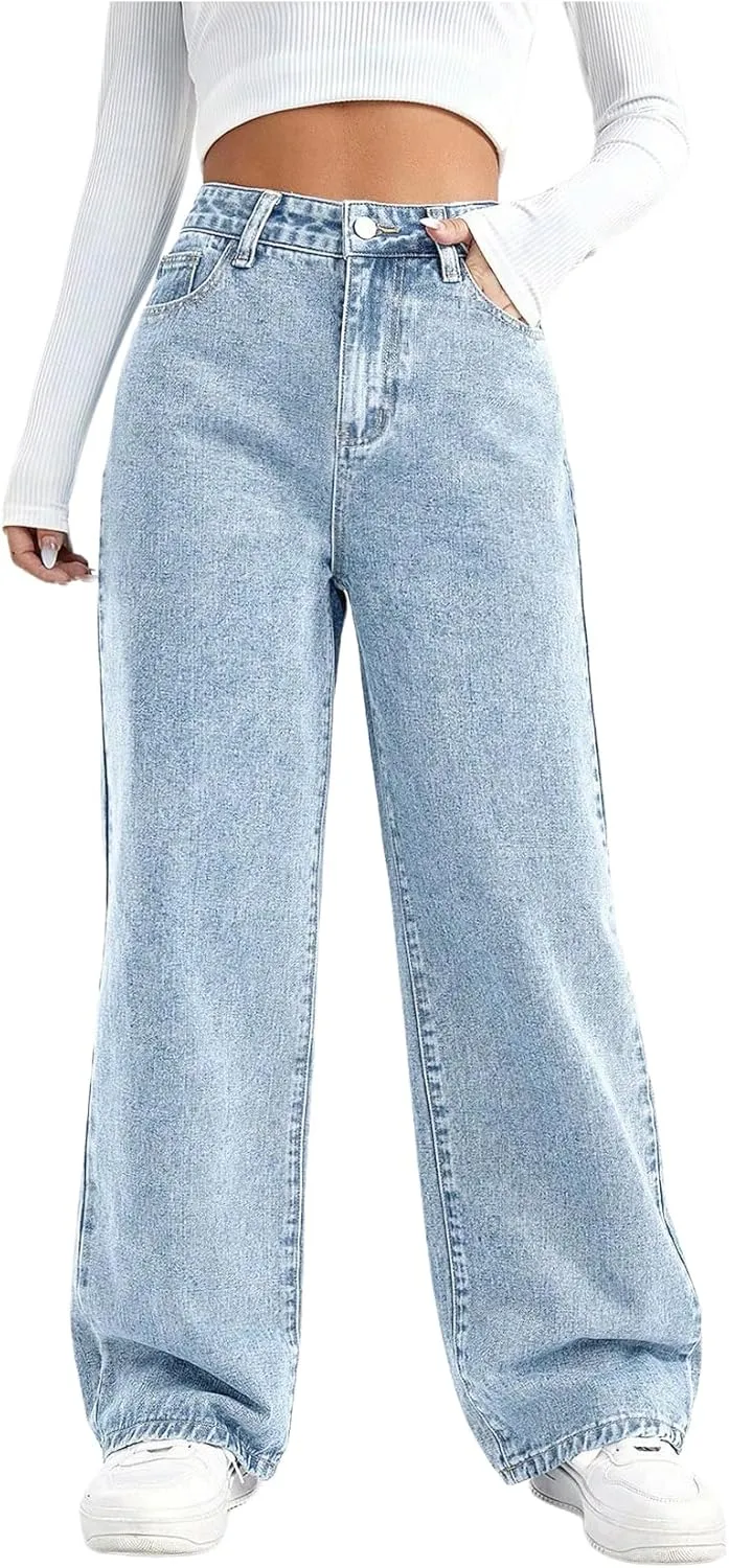 WDIRARA Women's High Waisted Ripped Straight Leg Jeans Cut Out Button Denim Pants