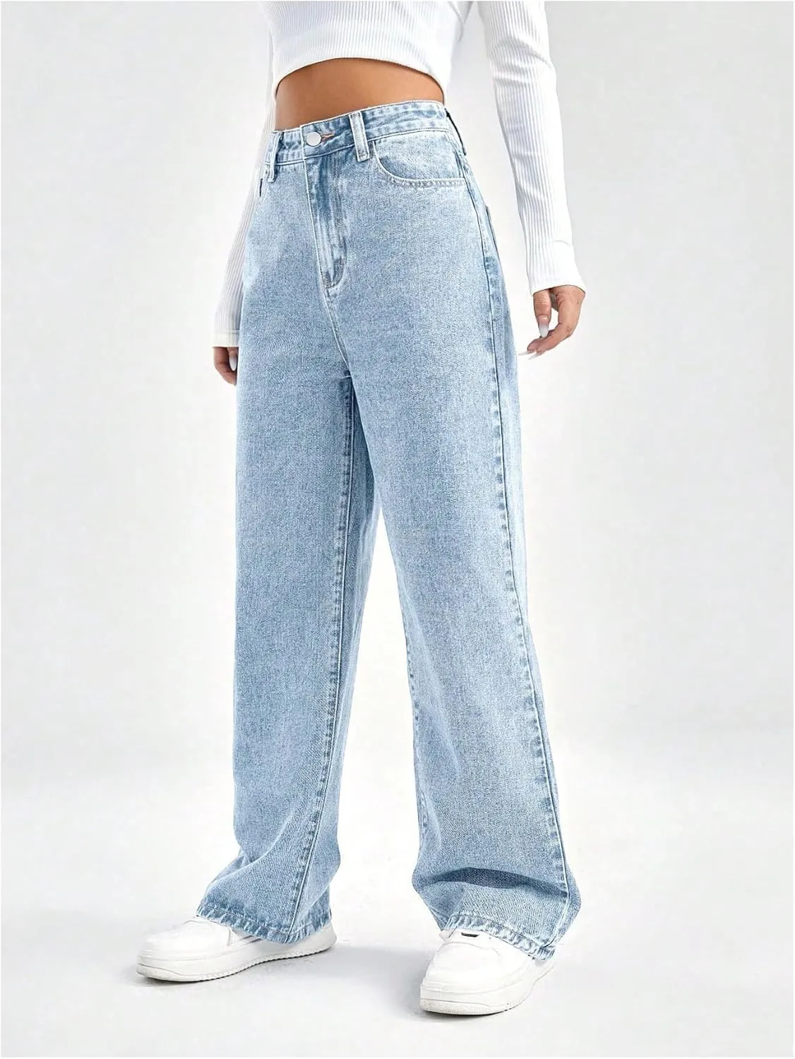 WDIRARA Women's High Waisted Ripped Straight Leg Jeans Cut Out Button Denim Pants