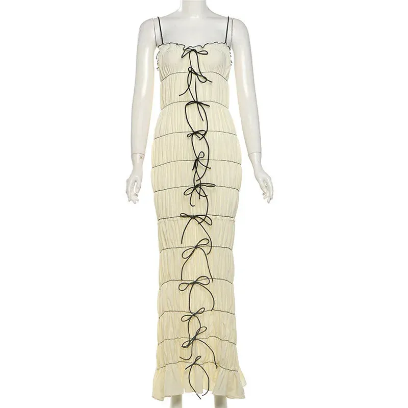 White Ruched Stylish Drawstring Maxi Dress