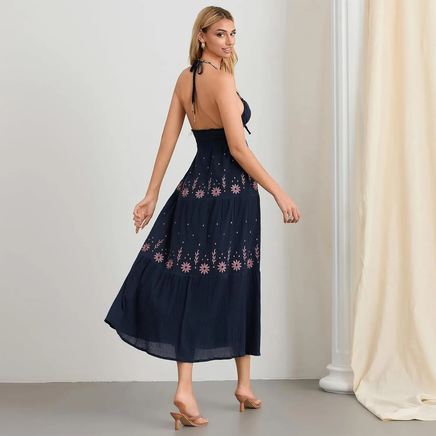 Women Backless Flowy Boho Maxi Dress Sexy Strappy Low Cut Long Dress Casual Tiered Summer Vacation Sundress