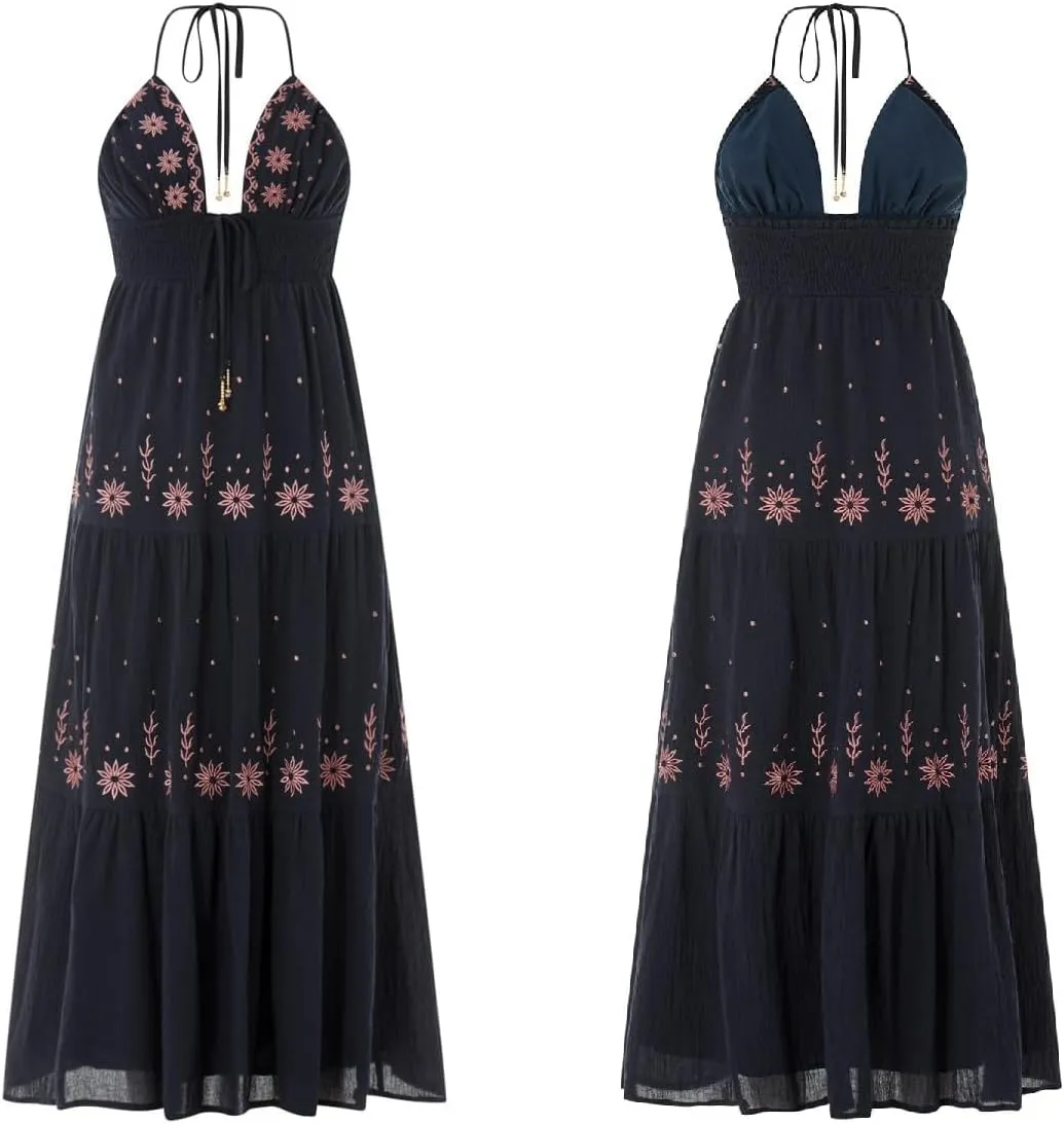 Women Backless Flowy Boho Maxi Dress Sexy Strappy Low Cut Long Dress Casual Tiered Summer Vacation Sundress