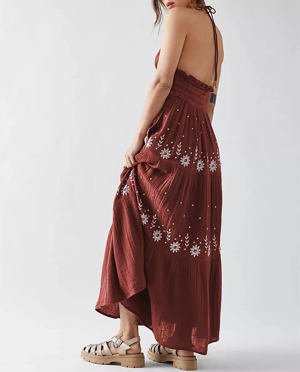 Women Backless Flowy Boho Maxi Dress Sexy Strappy Low Cut Long Dress Casual Tiered Summer Vacation Sundress