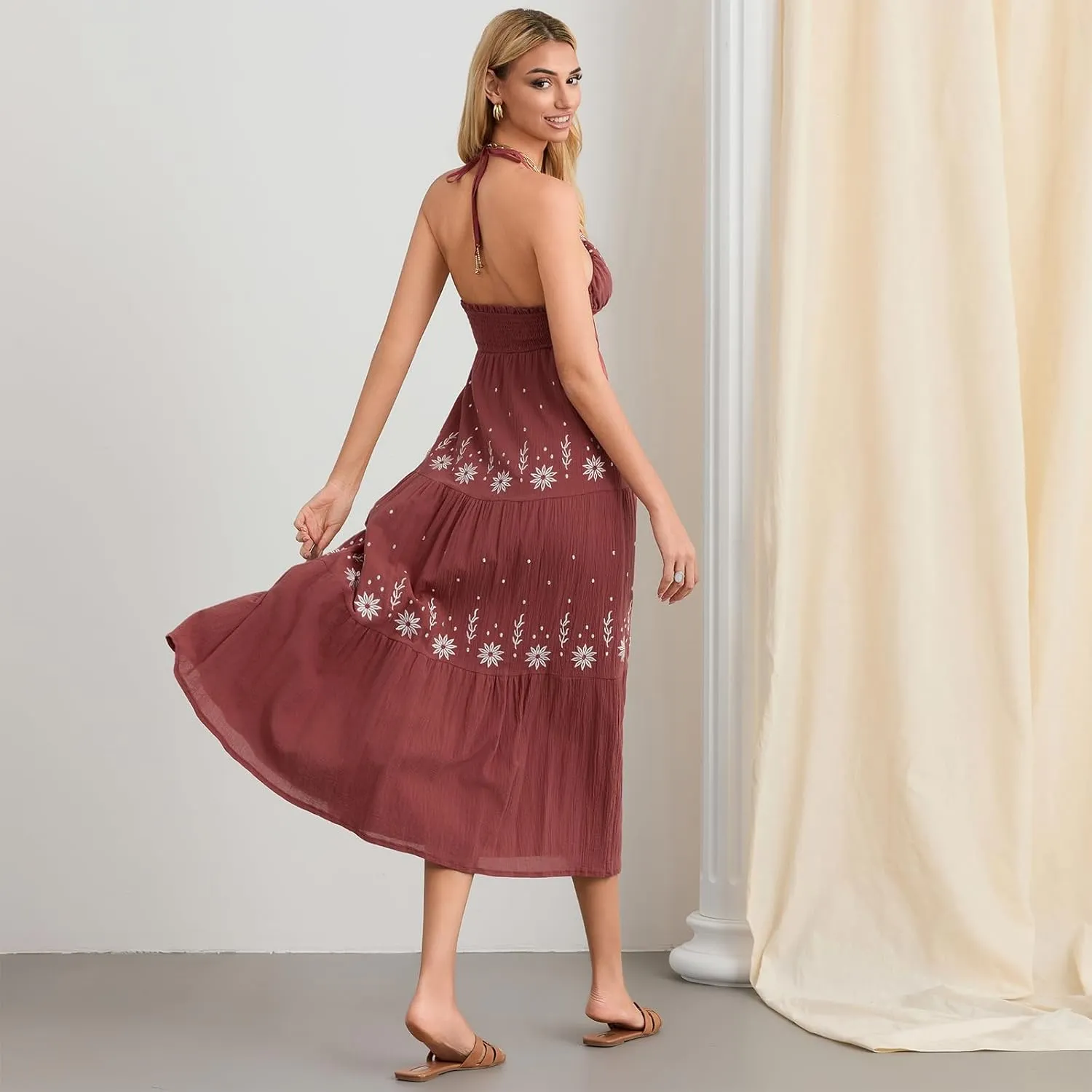 Women Backless Flowy Boho Maxi Dress Sexy Strappy Low Cut Long Dress Casual Tiered Summer Vacation Sundress