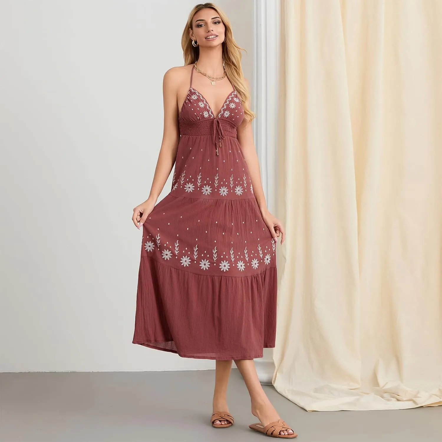 Women Backless Flowy Boho Maxi Dress Sexy Strappy Low Cut Long Dress Casual Tiered Summer Vacation Sundress
