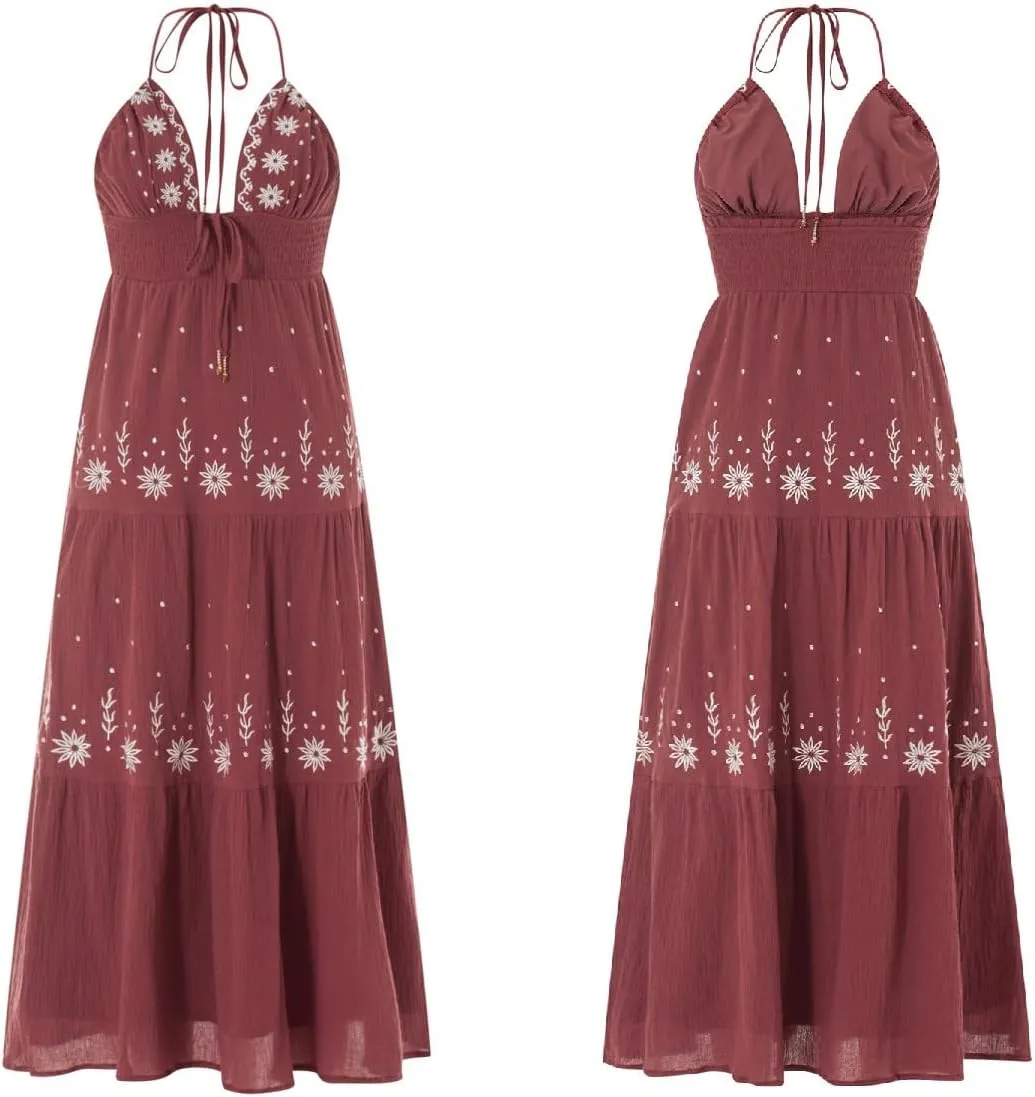 Women Backless Flowy Boho Maxi Dress Sexy Strappy Low Cut Long Dress Casual Tiered Summer Vacation Sundress