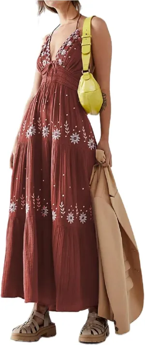 Women Backless Flowy Boho Maxi Dress Sexy Strappy Low Cut Long Dress Casual Tiered Summer Vacation Sundress