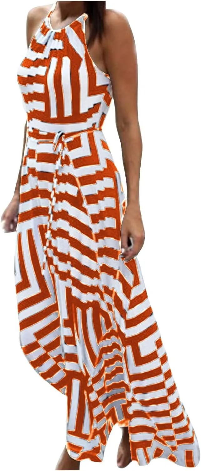 Women Boho Summer Dress 2024 Spaghetti Strap Beach Long Dress Sleeveless Flowy A-Line Maxi Dresses Sundress