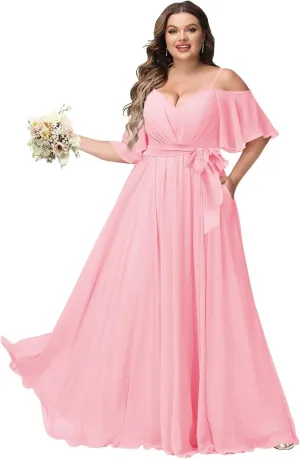 Women Plus Size Cold Shoulder Bridesmaid Dresses 2025 with Slit Chiffon Formal Party Dresses with Pockets DE52