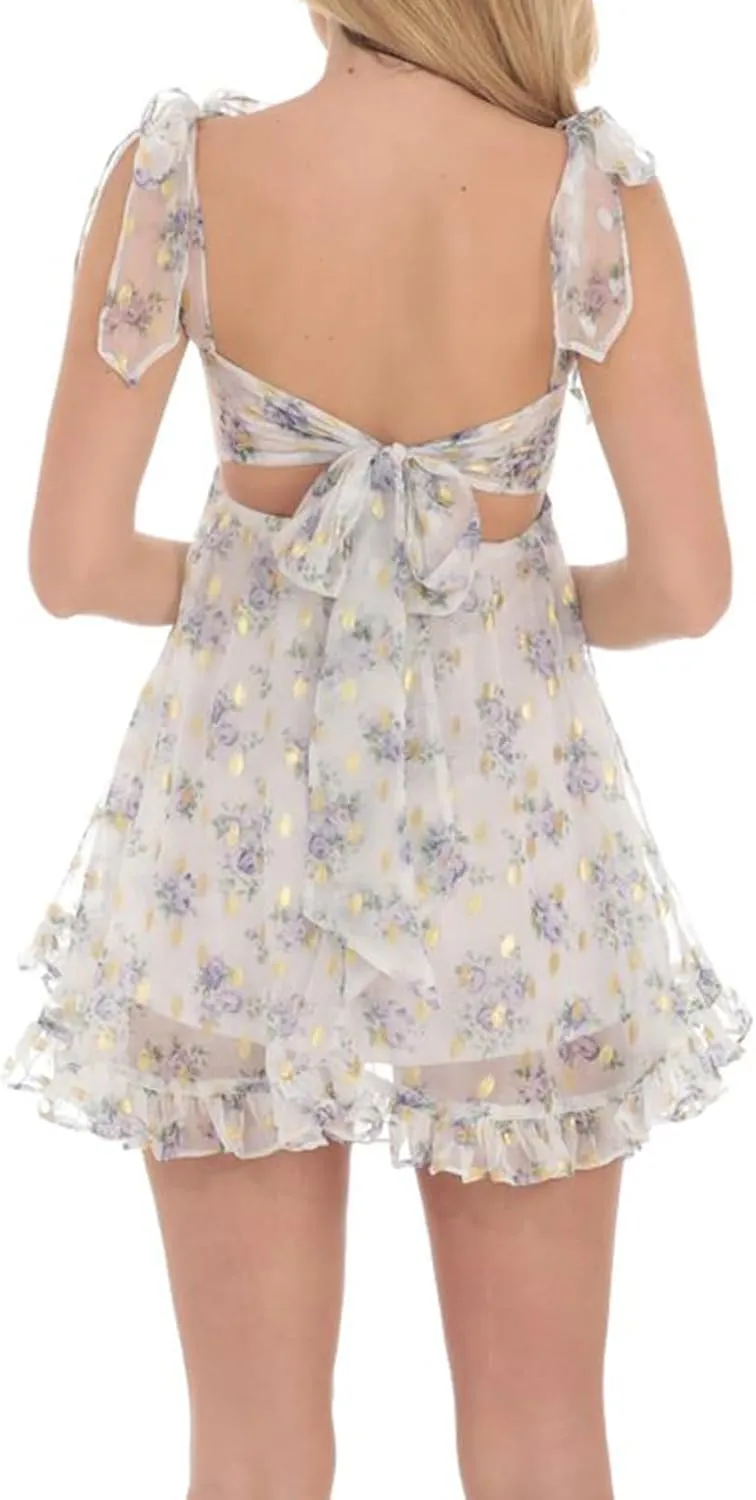 Women Ruffle Babydoll Dress Sleeveless Bow Tie Mini Dresses Summer Striped Floral Print A-Line Party Sundress