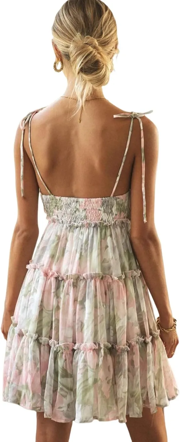 Women Summer Floral Ruffle Sleeveless Tie Shoulder Strappy A Line Flare Short Mini Dress Beach Sundresses