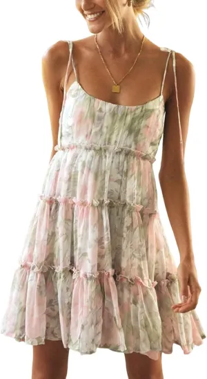 Women Summer Floral Ruffle Sleeveless Tie Shoulder Strappy A Line Flare Short Mini Dress Beach Sundresses
