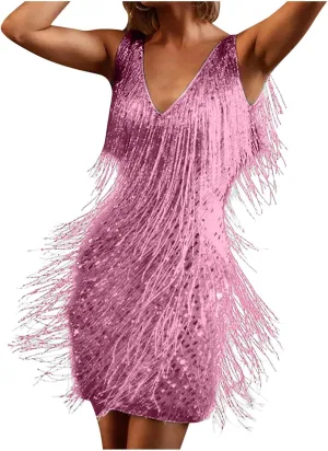 Women Tassel Sequin Dress V Neck Glitter Flapper Dresses Fringe 2025 Sparkly Club Evening Party Bodycon Plus Size