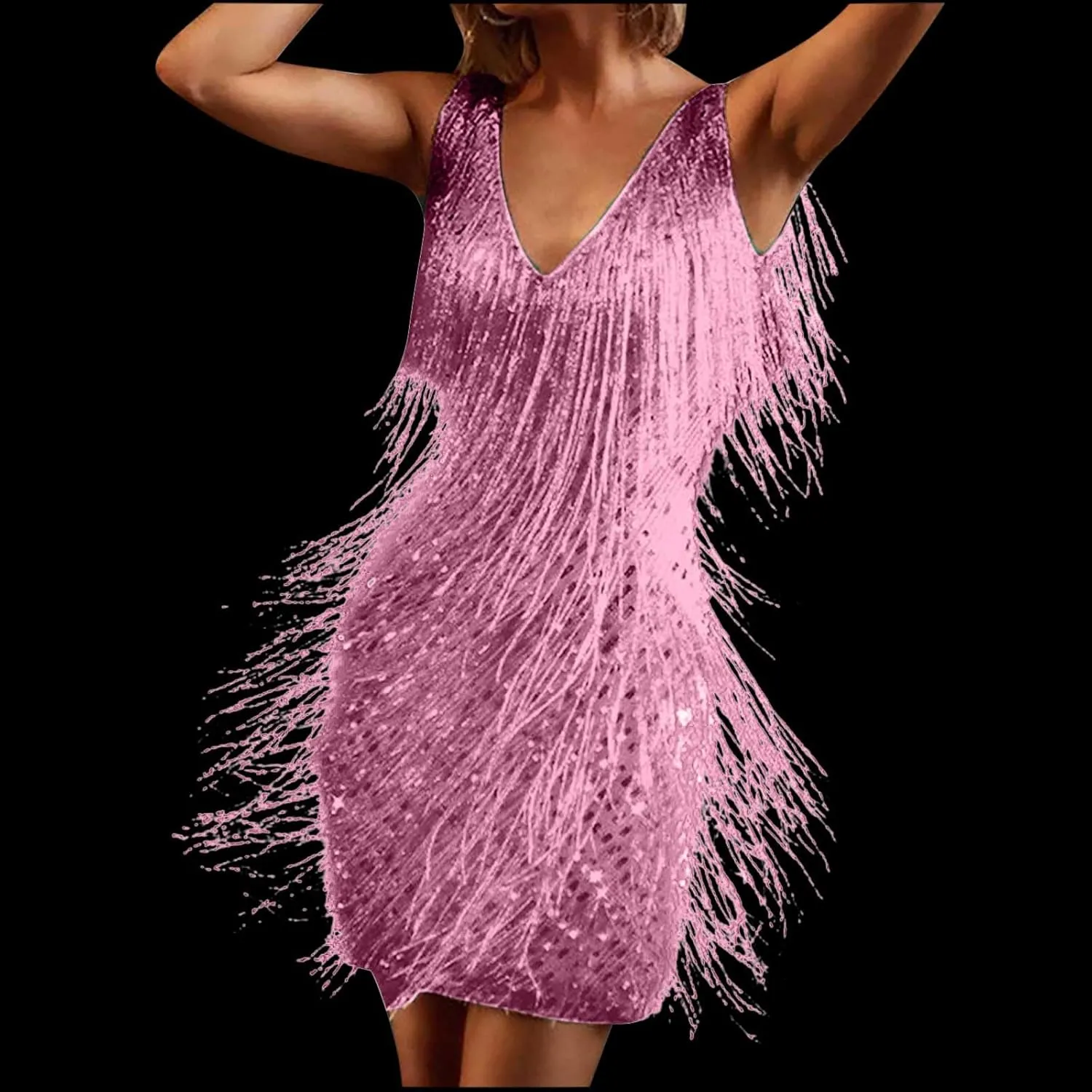 Women Tassel Sequin Dress V Neck Glitter Flapper Dresses Fringe 2025 Sparkly Club Evening Party Bodycon Plus Size