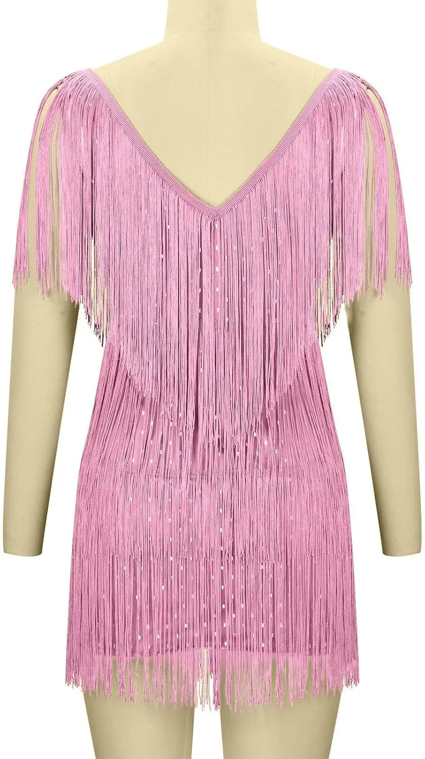 Women Tassel Sequin Dress V Neck Glitter Flapper Dresses Fringe 2025 Sparkly Club Evening Party Bodycon Plus Size
