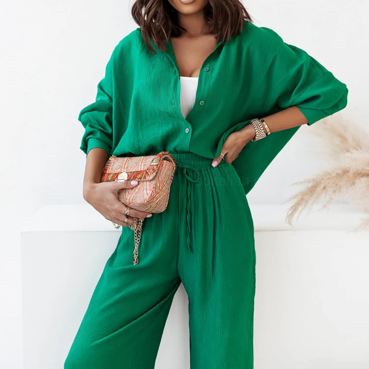 Women's 2 Piece Casual Outfits Solid Graphic Button Shirt and Loose High Waist Wide Leg Palazzo Pants Set Shorts