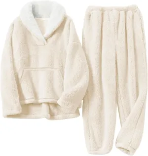 Womens 2 Piece Fluffy Pajama Lounge Set Loose Pullover Pants Sleepwear with Pockets