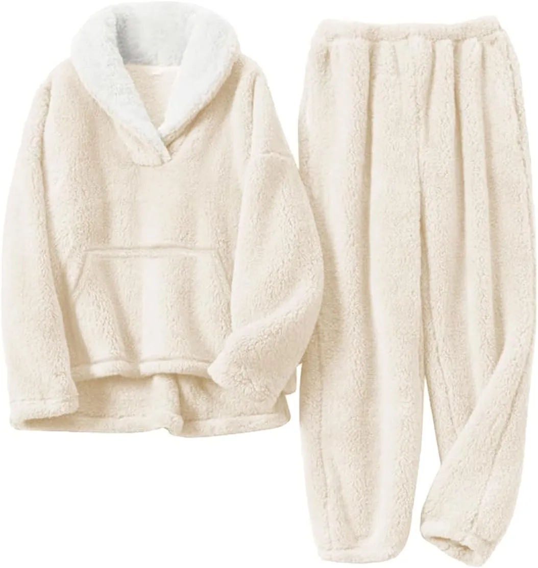Womens 2 Piece Fluffy Pajama Lounge Set Loose Pullover Pants Sleepwear with Pockets