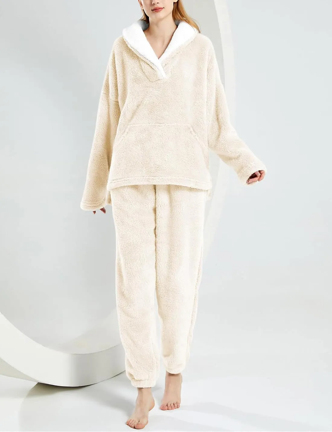 Womens 2 Piece Fluffy Pajama Lounge Set Loose Pullover Pants Sleepwear with Pockets