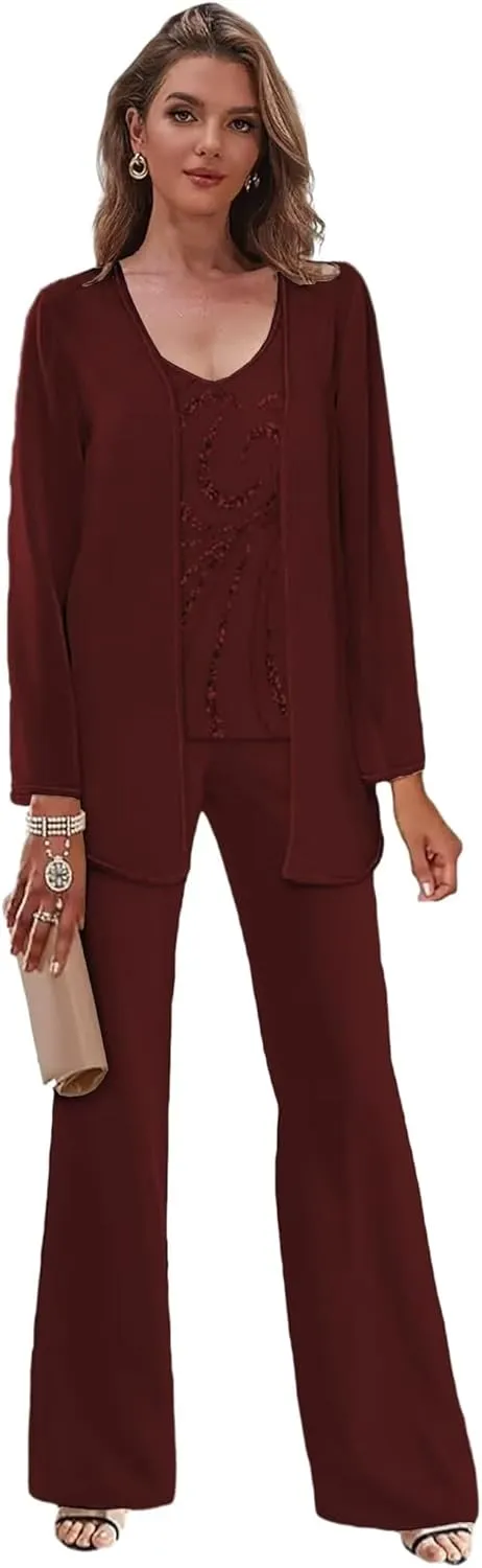 Women's 3 Pieces Beaded Mother of The Bride Pant Suits with Jacket Chiffon Dressy Pantsuits for Wedding Guest