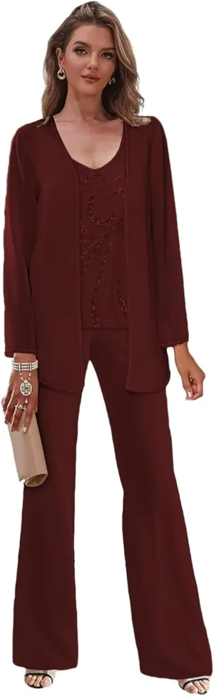 Women's 3 Pieces Beaded Mother of The Bride Pant Suits with Jacket Chiffon Dressy Pantsuits for Wedding Guest