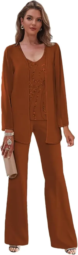 Women's 3 Pieces Beaded Mother of The Bride Pant Suits with Jacket Chiffon Dressy Pantsuits for Wedding Guest