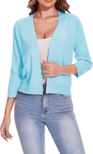 Women's 3/4 Sleeve Open Front Cropped Cardigan Solid Shrugs Lightweight Knit Sweater