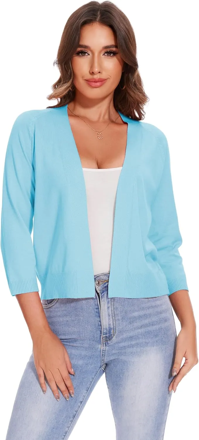 Women's 3/4 Sleeve Open Front Cropped Cardigan Solid Shrugs Lightweight Knit Sweater