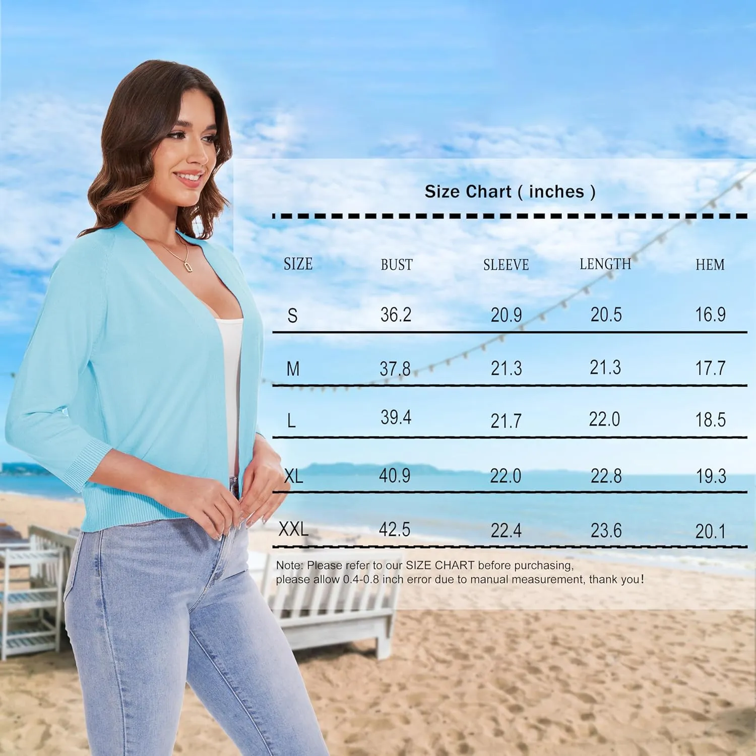 Women's 3/4 Sleeve Open Front Cropped Cardigan Solid Shrugs Lightweight Knit Sweater