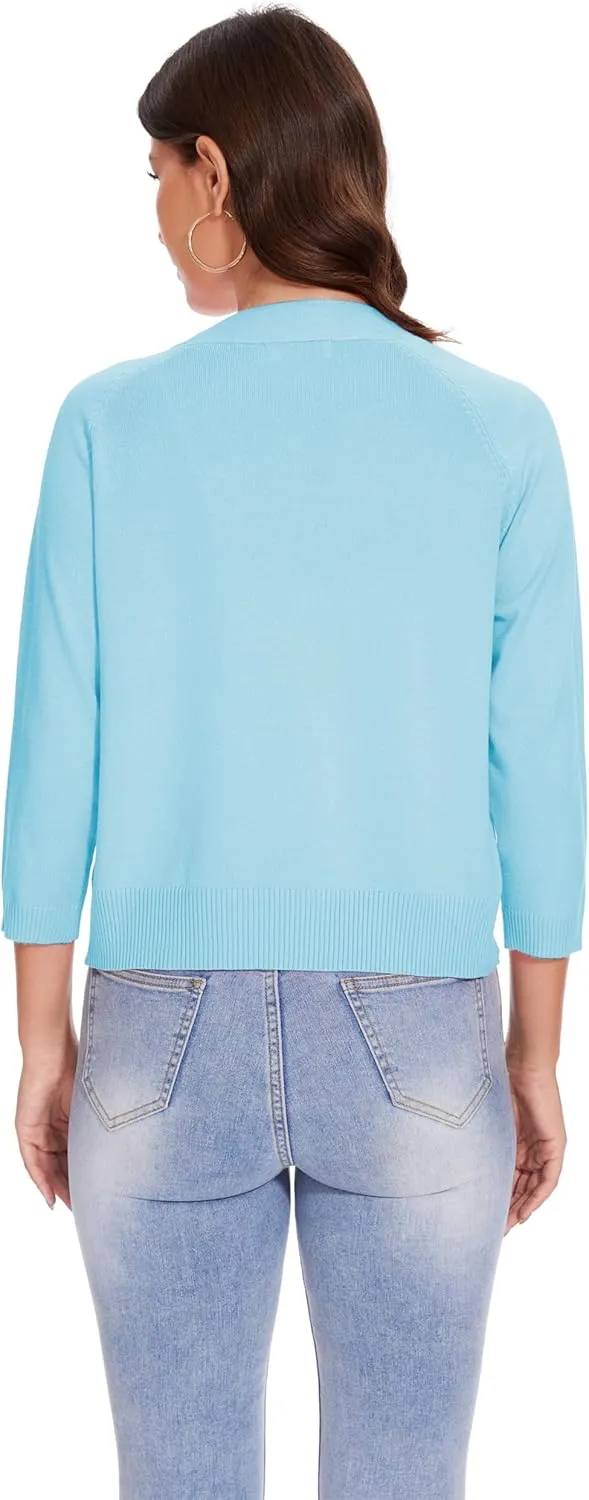 Women's 3/4 Sleeve Open Front Cropped Cardigan Solid Shrugs Lightweight Knit Sweater