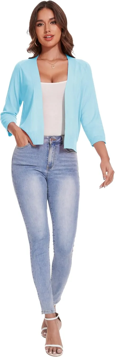 Women's 3/4 Sleeve Open Front Cropped Cardigan Solid Shrugs Lightweight Knit Sweater
