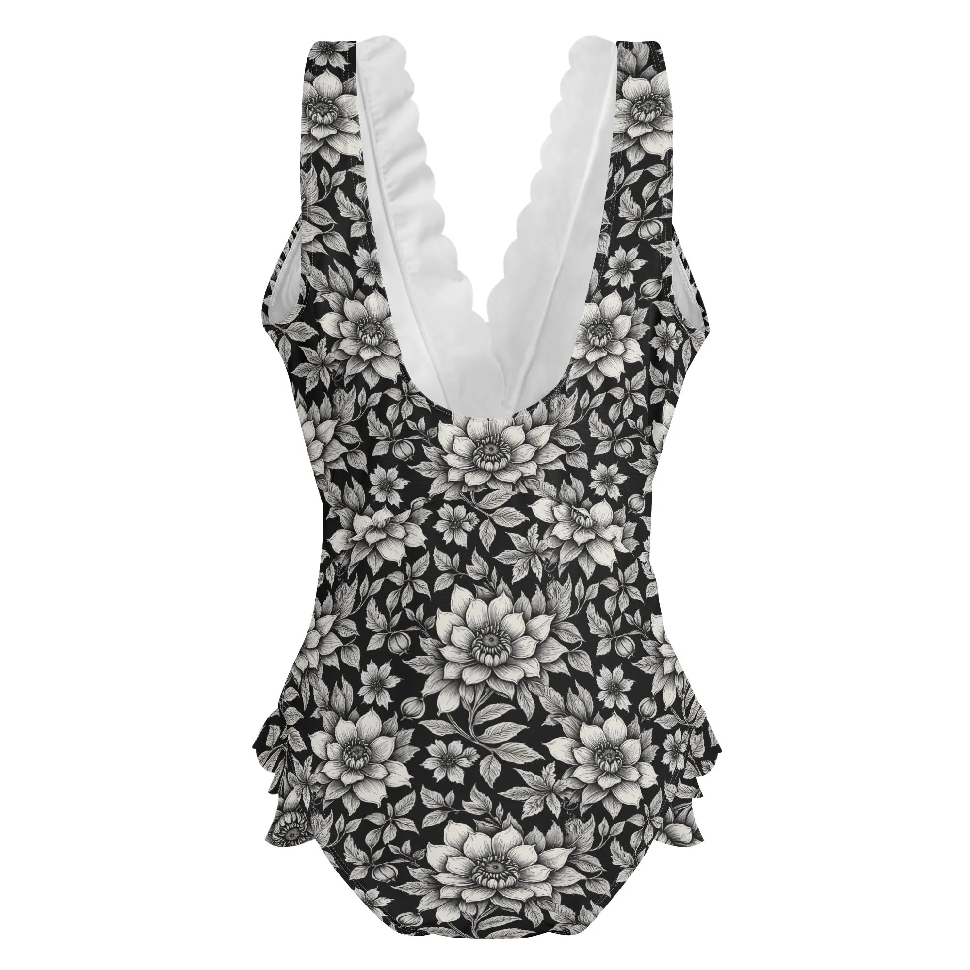 Womens Black and White Bloom Ruffle Edge Cross-Front One Piece Swimsuit Bathing Suit