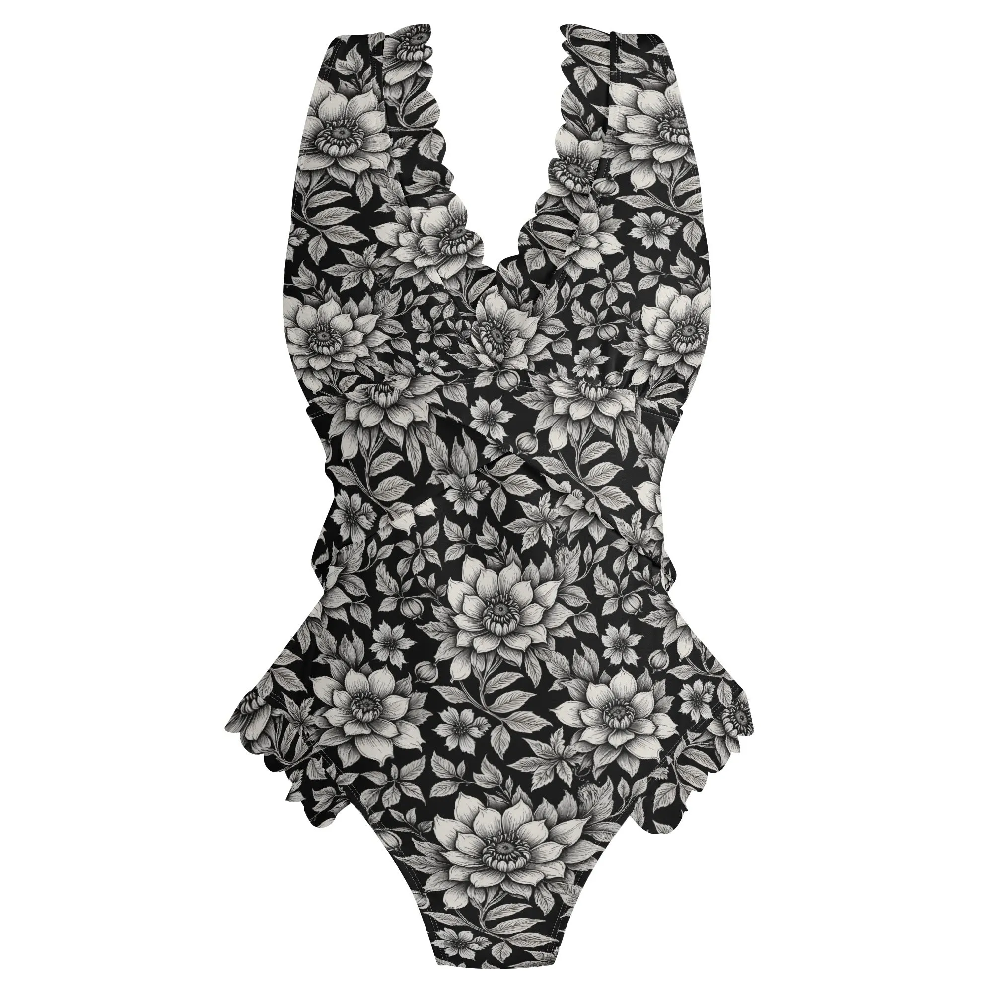 Womens Black and White Bloom Ruffle Edge Cross-Front One Piece Swimsuit Bathing Suit