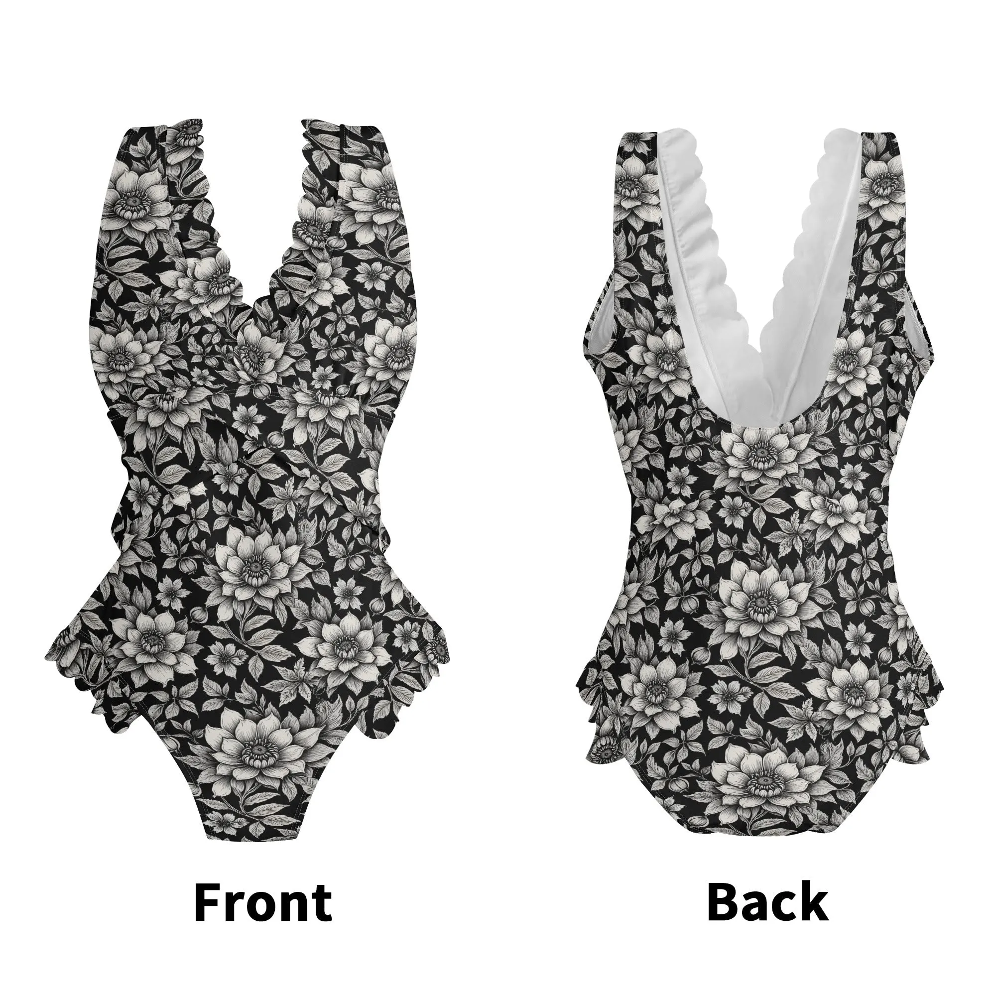 Womens Black and White Bloom Ruffle Edge Cross-Front One Piece Swimsuit Bathing Suit