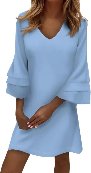 Women's Casual Boho Dress 2025 Spring Summer Loose V Neck 3/4 Bell Sleeve Flowy Beach Vacation Dresses