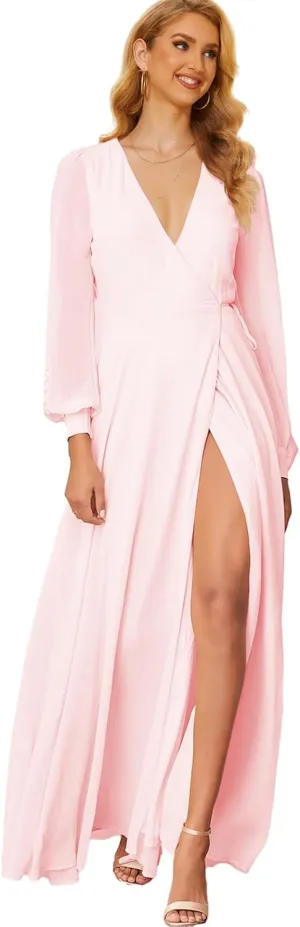 Women's Chiffon Bridesmaid Dresses with Sleeves High Split Wedding Party Dress V Neck Long Formal Gown